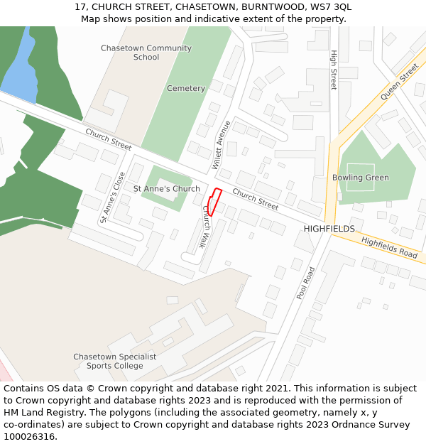 17, CHURCH STREET, CHASETOWN, BURNTWOOD, WS7 3QL: Location map and indicative extent of plot