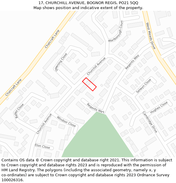 17, CHURCHILL AVENUE, BOGNOR REGIS, PO21 5QQ: Location map and indicative extent of plot