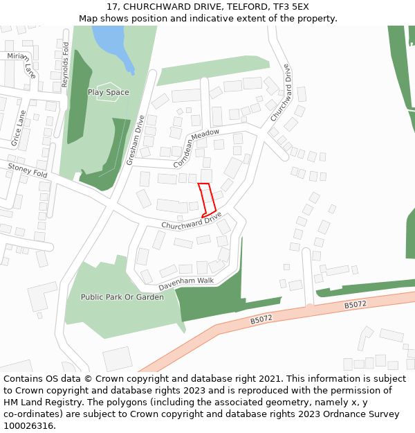 17, CHURCHWARD DRIVE, TELFORD, TF3 5EX: Location map and indicative extent of plot