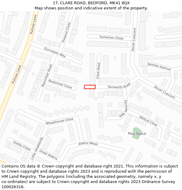 17, CLARE ROAD, BEDFORD, MK41 8QX: Location map and indicative extent of plot