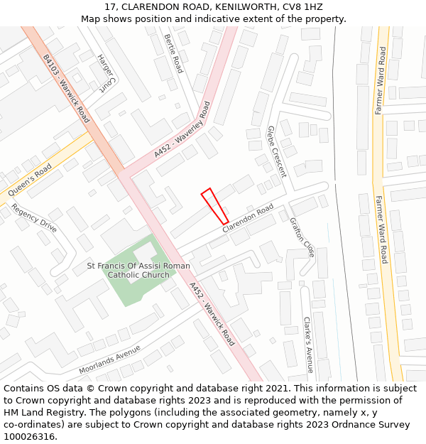 17, CLARENDON ROAD, KENILWORTH, CV8 1HZ: Location map and indicative extent of plot