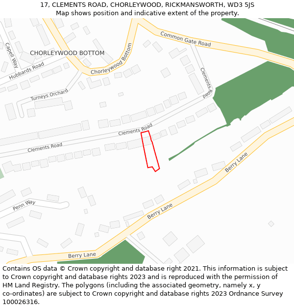 17, CLEMENTS ROAD, CHORLEYWOOD, RICKMANSWORTH, WD3 5JS: Location map and indicative extent of plot