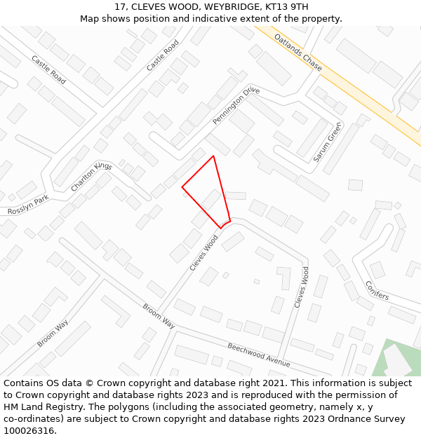 17, CLEVES WOOD, WEYBRIDGE, KT13 9TH: Location map and indicative extent of plot