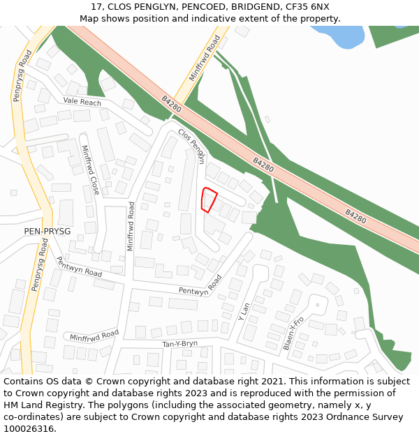 17, CLOS PENGLYN, PENCOED, BRIDGEND, CF35 6NX: Location map and indicative extent of plot