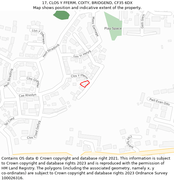 17, CLOS Y FFERM, COITY, BRIDGEND, CF35 6DX: Location map and indicative extent of plot