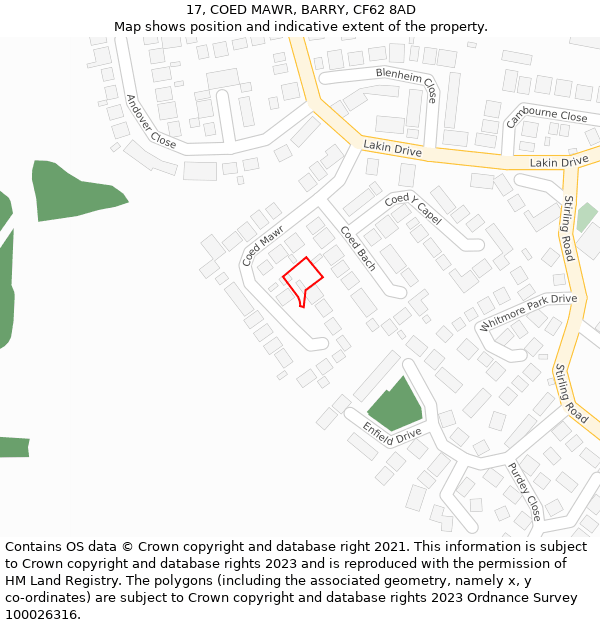 17, COED MAWR, BARRY, CF62 8AD: Location map and indicative extent of plot