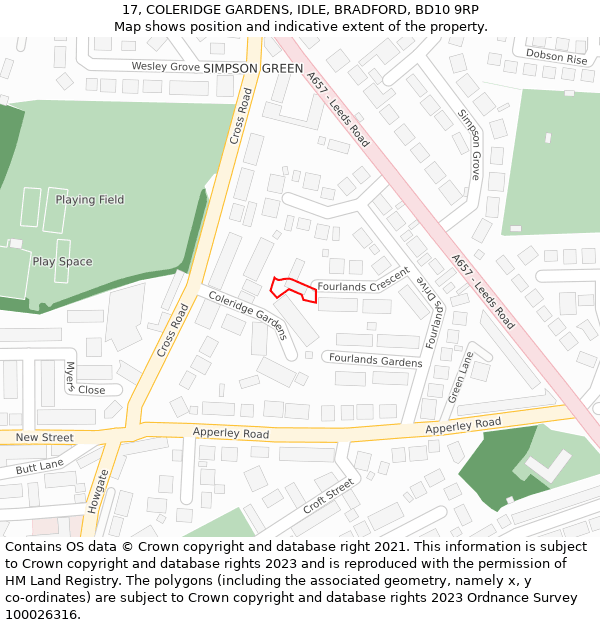 17, COLERIDGE GARDENS, IDLE, BRADFORD, BD10 9RP: Location map and indicative extent of plot