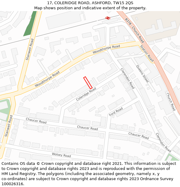 17, COLERIDGE ROAD, ASHFORD, TW15 2QS: Location map and indicative extent of plot