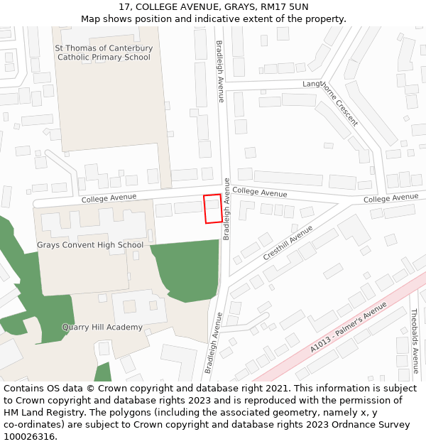 17, COLLEGE AVENUE, GRAYS, RM17 5UN: Location map and indicative extent of plot