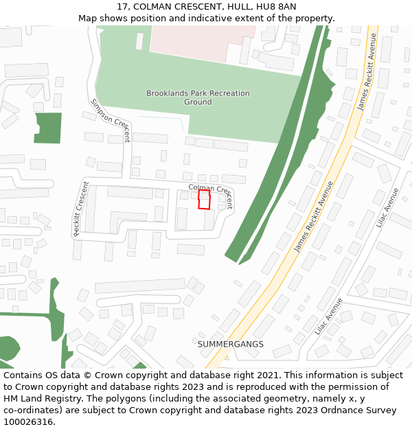 17, COLMAN CRESCENT, HULL, HU8 8AN: Location map and indicative extent of plot