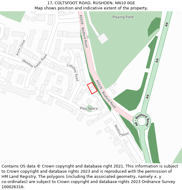 17, COLTSFOOT ROAD, RUSHDEN, NN10 0GE: Location map and indicative extent of plot