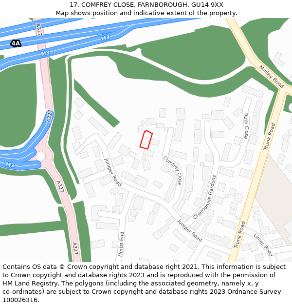 17, COMFREY CLOSE, FARNBOROUGH, GU14 9XX: Location map and indicative extent of plot