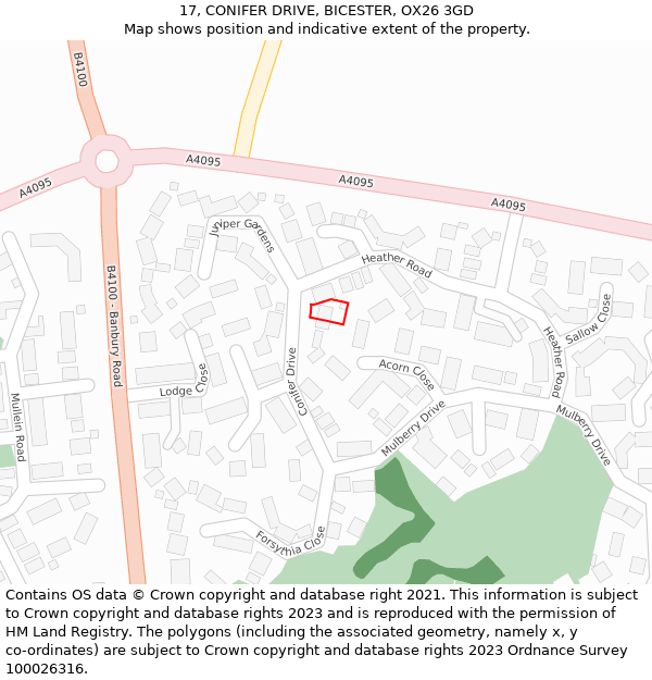 17, CONIFER DRIVE, BICESTER, OX26 3GD: Location map and indicative extent of plot