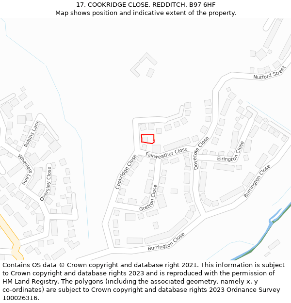 17, COOKRIDGE CLOSE, REDDITCH, B97 6HF: Location map and indicative extent of plot