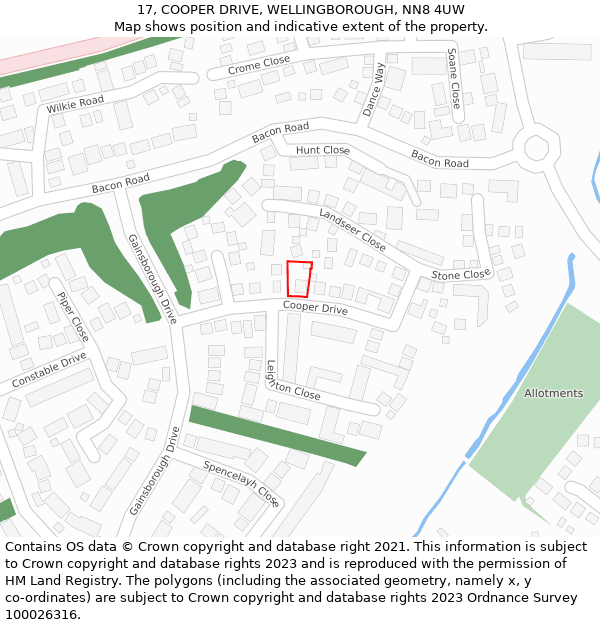 17, COOPER DRIVE, WELLINGBOROUGH, NN8 4UW: Location map and indicative extent of plot