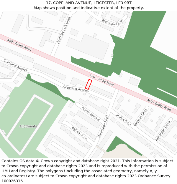 17, COPELAND AVENUE, LEICESTER, LE3 9BT: Location map and indicative extent of plot