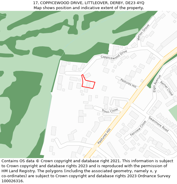 17, COPPICEWOOD DRIVE, LITTLEOVER, DERBY, DE23 4YQ: Location map and indicative extent of plot