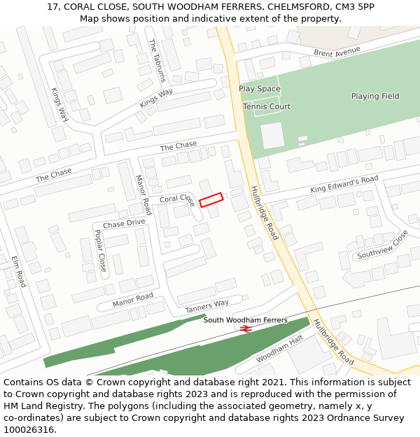 17, CORAL CLOSE, SOUTH WOODHAM FERRERS, CHELMSFORD, CM3 5PP: Location map and indicative extent of plot