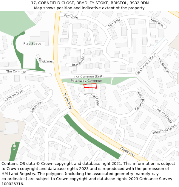 17, CORNFIELD CLOSE, BRADLEY STOKE, BRISTOL, BS32 9DN: Location map and indicative extent of plot