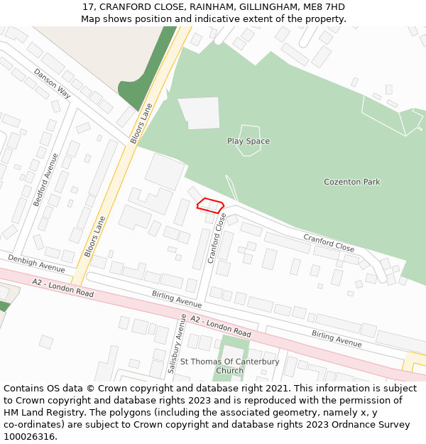 17, CRANFORD CLOSE, RAINHAM, GILLINGHAM, ME8 7HD: Location map and indicative extent of plot