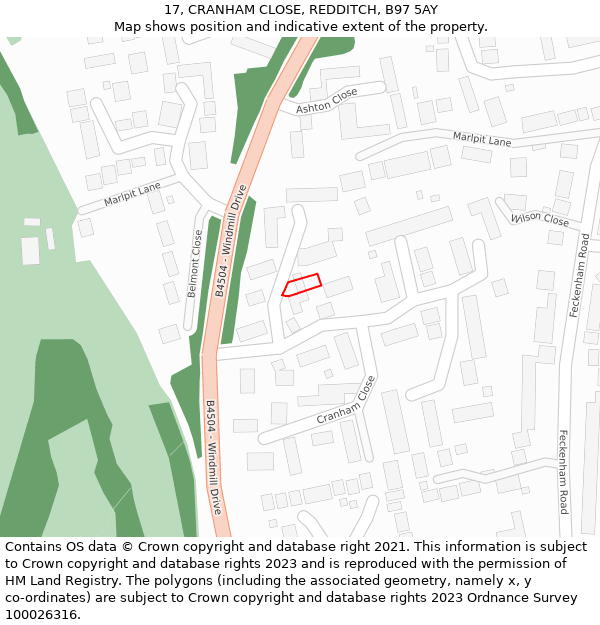 17, CRANHAM CLOSE, REDDITCH, B97 5AY: Location map and indicative extent of plot