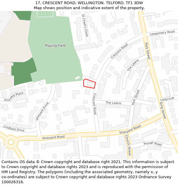 17, CRESCENT ROAD, WELLINGTON, TELFORD, TF1 3DW: Location map and indicative extent of plot