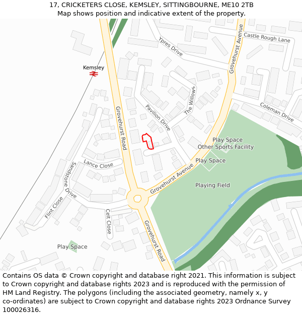 17, CRICKETERS CLOSE, KEMSLEY, SITTINGBOURNE, ME10 2TB: Location map and indicative extent of plot