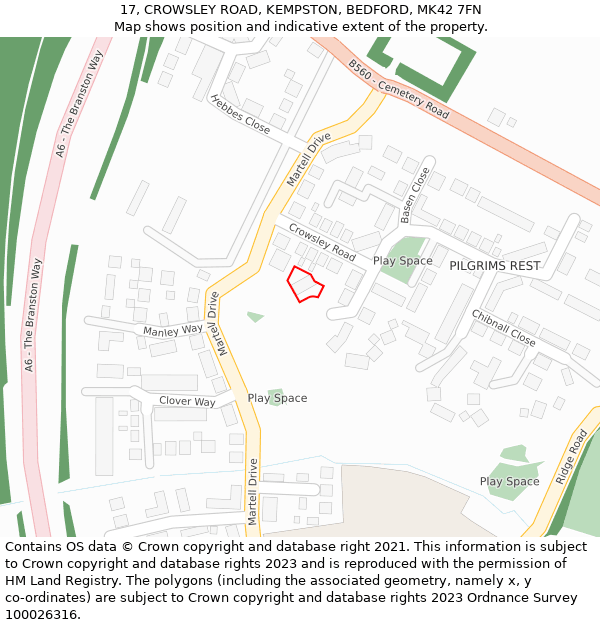17, CROWSLEY ROAD, KEMPSTON, BEDFORD, MK42 7FN: Location map and indicative extent of plot