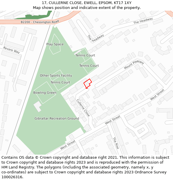 17, CULLERNE CLOSE, EWELL, EPSOM, KT17 1XY: Location map and indicative extent of plot