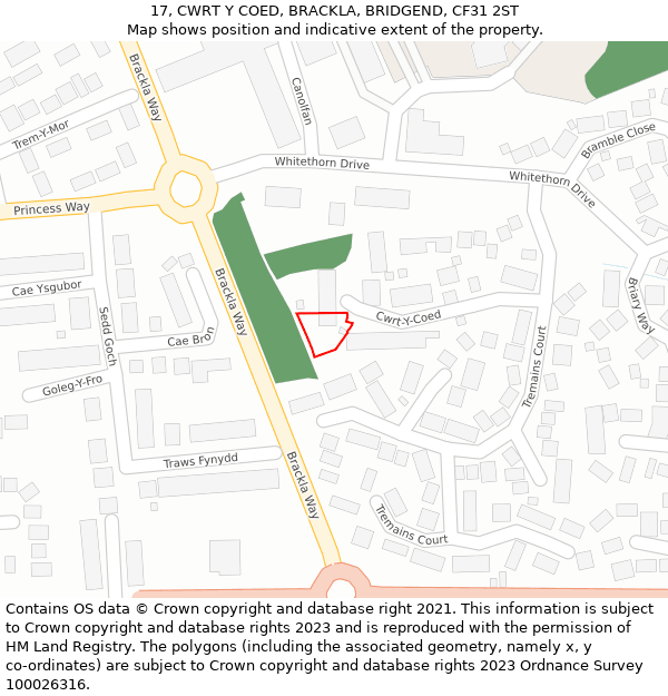17, CWRT Y COED, BRACKLA, BRIDGEND, CF31 2ST: Location map and indicative extent of plot