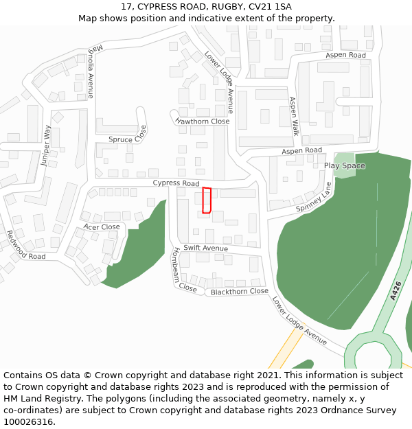 17, CYPRESS ROAD, RUGBY, CV21 1SA: Location map and indicative extent of plot