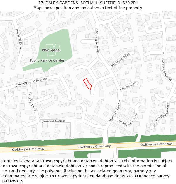 17, DALBY GARDENS, SOTHALL, SHEFFIELD, S20 2PH: Location map and indicative extent of plot