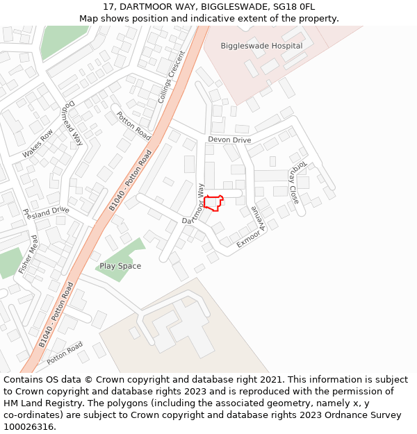 17, DARTMOOR WAY, BIGGLESWADE, SG18 0FL: Location map and indicative extent of plot