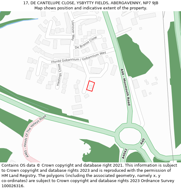 17, DE CANTELUPE CLOSE, YSBYTTY FIELDS, ABERGAVENNY, NP7 9JB: Location map and indicative extent of plot