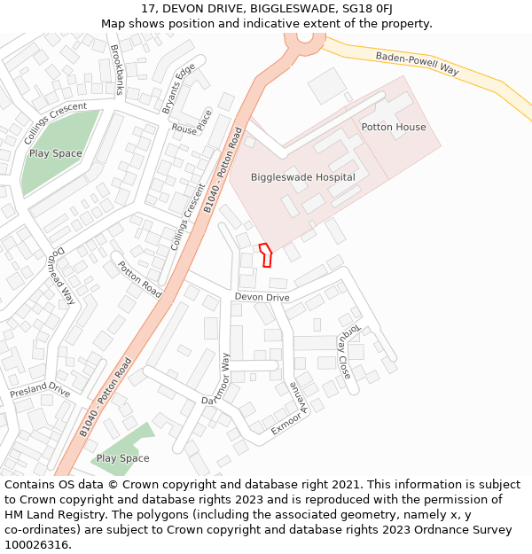 17, DEVON DRIVE, BIGGLESWADE, SG18 0FJ: Location map and indicative extent of plot