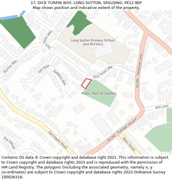 17, DICK TURPIN WAY, LONG SUTTON, SPALDING, PE12 9EP: Location map and indicative extent of plot