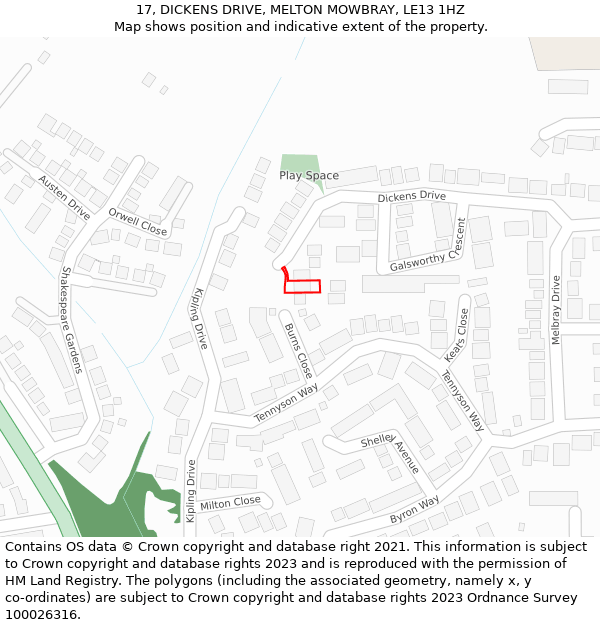 17, DICKENS DRIVE, MELTON MOWBRAY, LE13 1HZ: Location map and indicative extent of plot