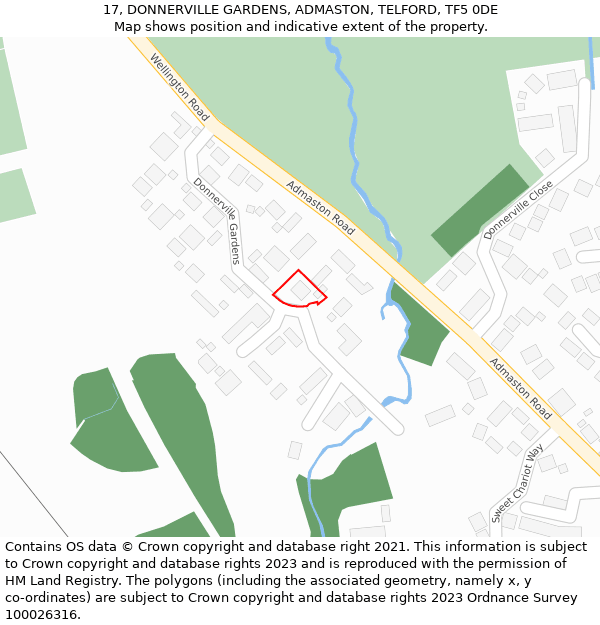 17, DONNERVILLE GARDENS, ADMASTON, TELFORD, TF5 0DE: Location map and indicative extent of plot
