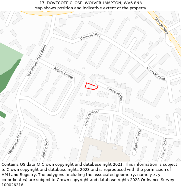 17, DOVECOTE CLOSE, WOLVERHAMPTON, WV6 8NA: Location map and indicative extent of plot