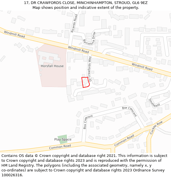 17, DR CRAWFORDS CLOSE, MINCHINHAMPTON, STROUD, GL6 9EZ: Location map and indicative extent of plot