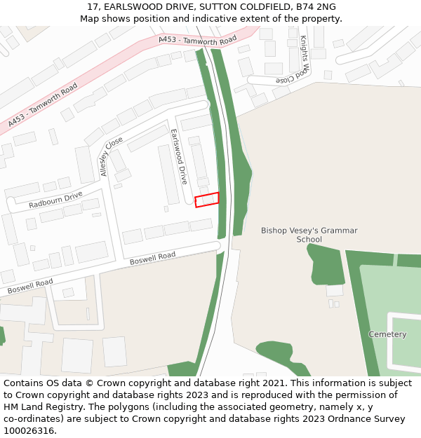 17, EARLSWOOD DRIVE, SUTTON COLDFIELD, B74 2NG: Location map and indicative extent of plot