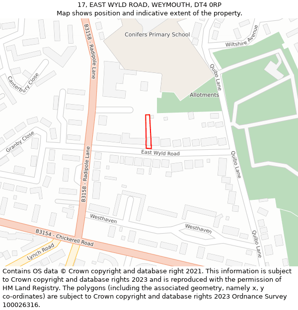 17, EAST WYLD ROAD, WEYMOUTH, DT4 0RP: Location map and indicative extent of plot