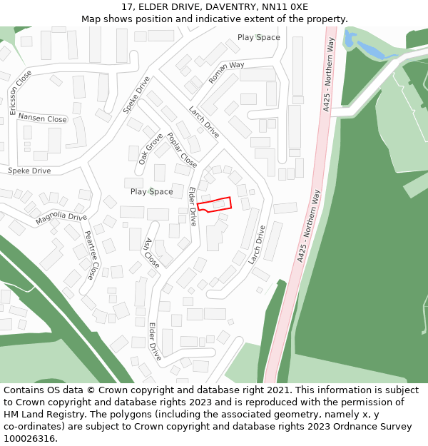 17, ELDER DRIVE, DAVENTRY, NN11 0XE: Location map and indicative extent of plot