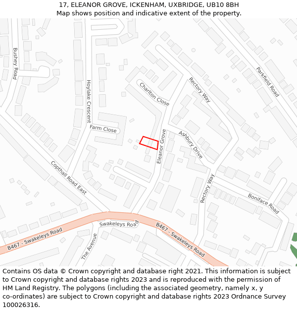17, ELEANOR GROVE, ICKENHAM, UXBRIDGE, UB10 8BH: Location map and indicative extent of plot