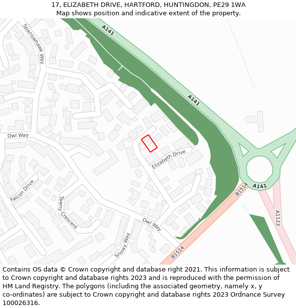 17, ELIZABETH DRIVE, HARTFORD, HUNTINGDON, PE29 1WA: Location map and indicative extent of plot