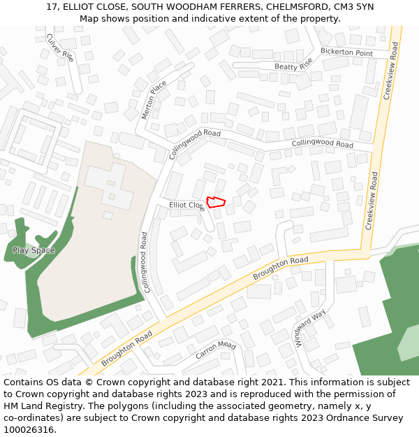 17, ELLIOT CLOSE, SOUTH WOODHAM FERRERS, CHELMSFORD, CM3 5YN: Location map and indicative extent of plot