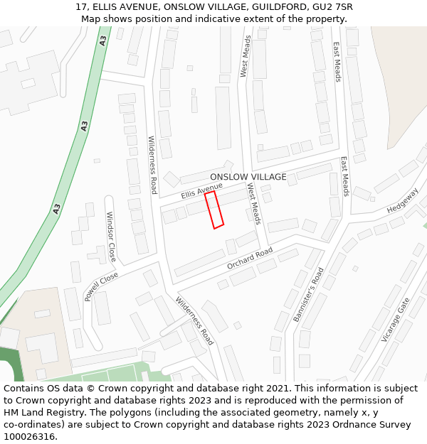 17, ELLIS AVENUE, ONSLOW VILLAGE, GUILDFORD, GU2 7SR: Location map and indicative extent of plot