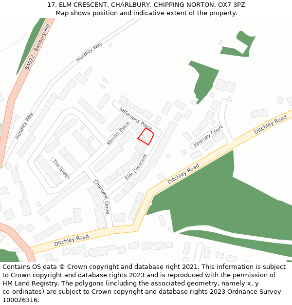 17, ELM CRESCENT, CHARLBURY, CHIPPING NORTON, OX7 3PZ: Location map and indicative extent of plot