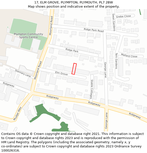 17, ELM GROVE, PLYMPTON, PLYMOUTH, PL7 2BW: Location map and indicative extent of plot