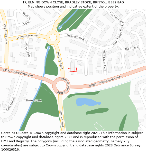 17, ELMING DOWN CLOSE, BRADLEY STOKE, BRISTOL, BS32 8AQ: Location map and indicative extent of plot